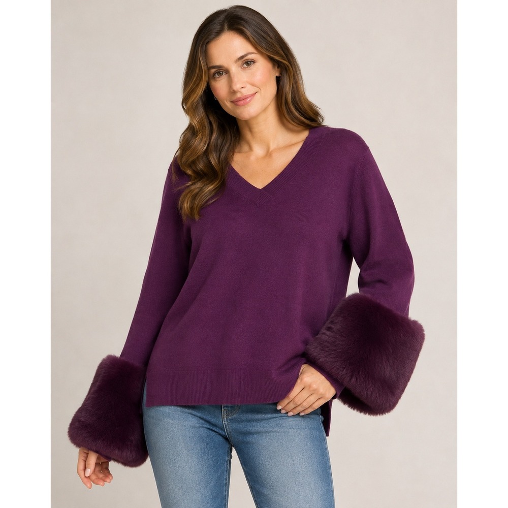 Saks Fifth Avenue Sweater Faux Fur Cuff V-Neck Dark Amethyst Purple M